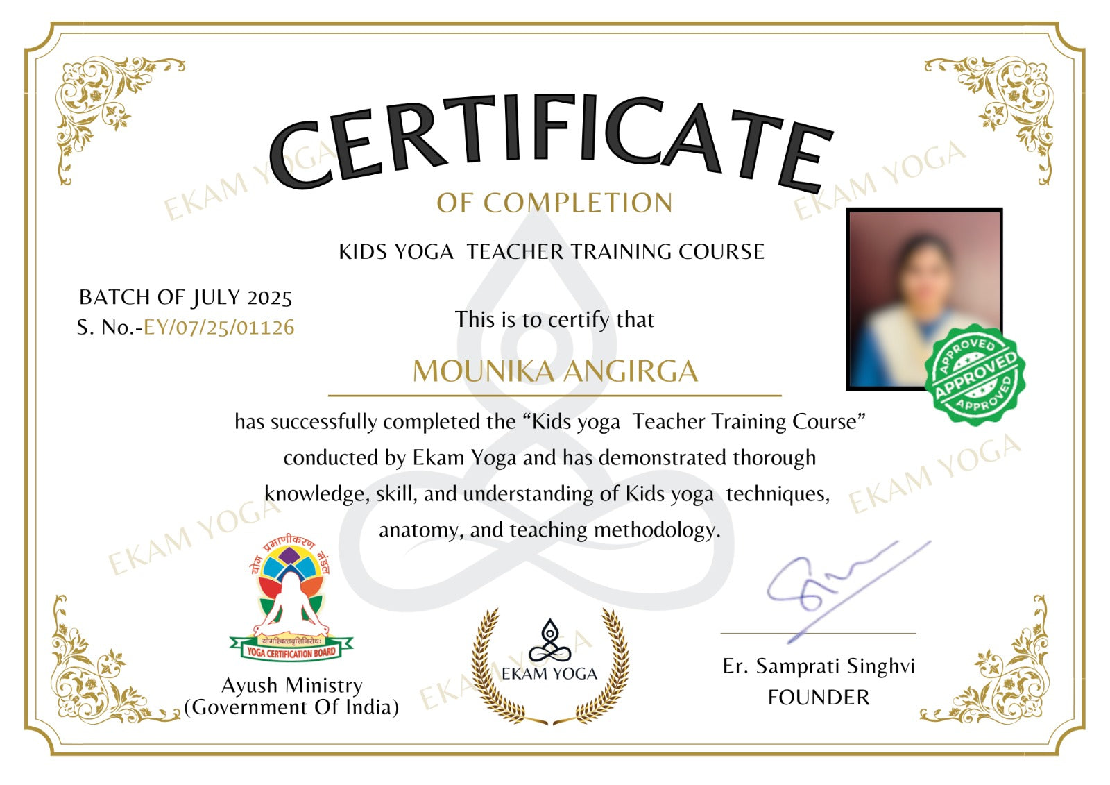 yoga teacher training course Certificate